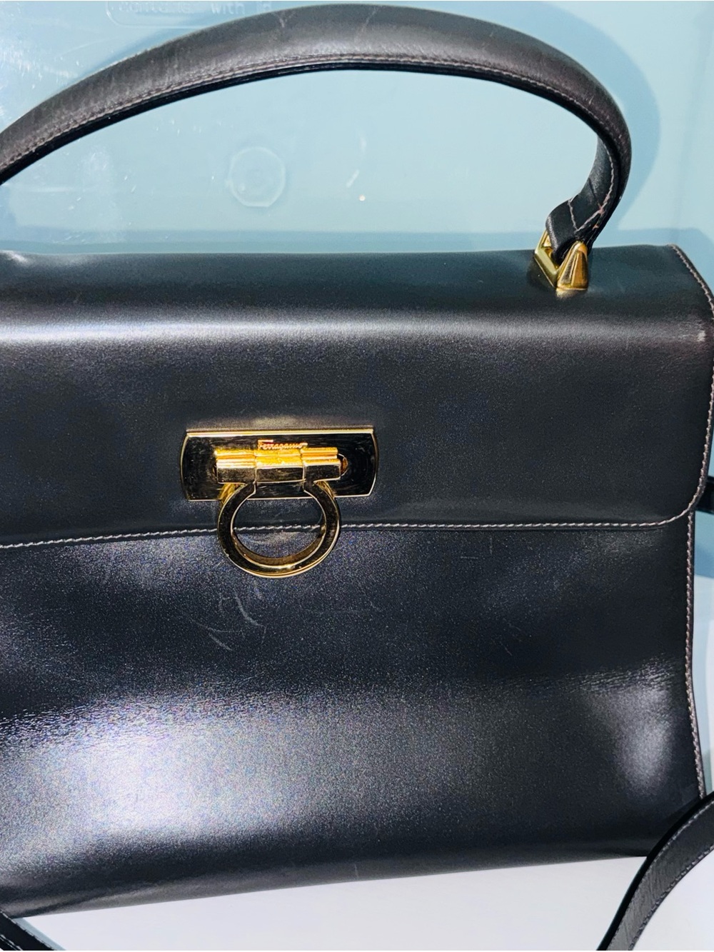 Salvatore Ferragamo Black Leather Top-Handle Satchel with Gold Hardware